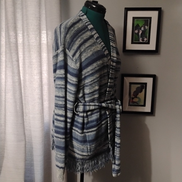 Lauren Ralph Lauren Striped Belted Linen-Cotton Knit Cardigan Blue White XL NWT - Picture 9 of 12